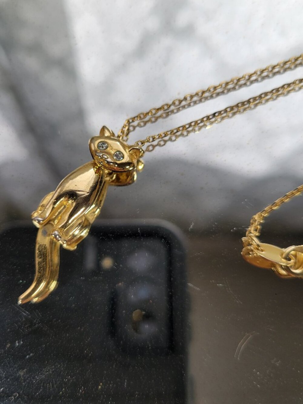 Gold Colored Cat Necklace Cat Charm Wiggly Head and Tail